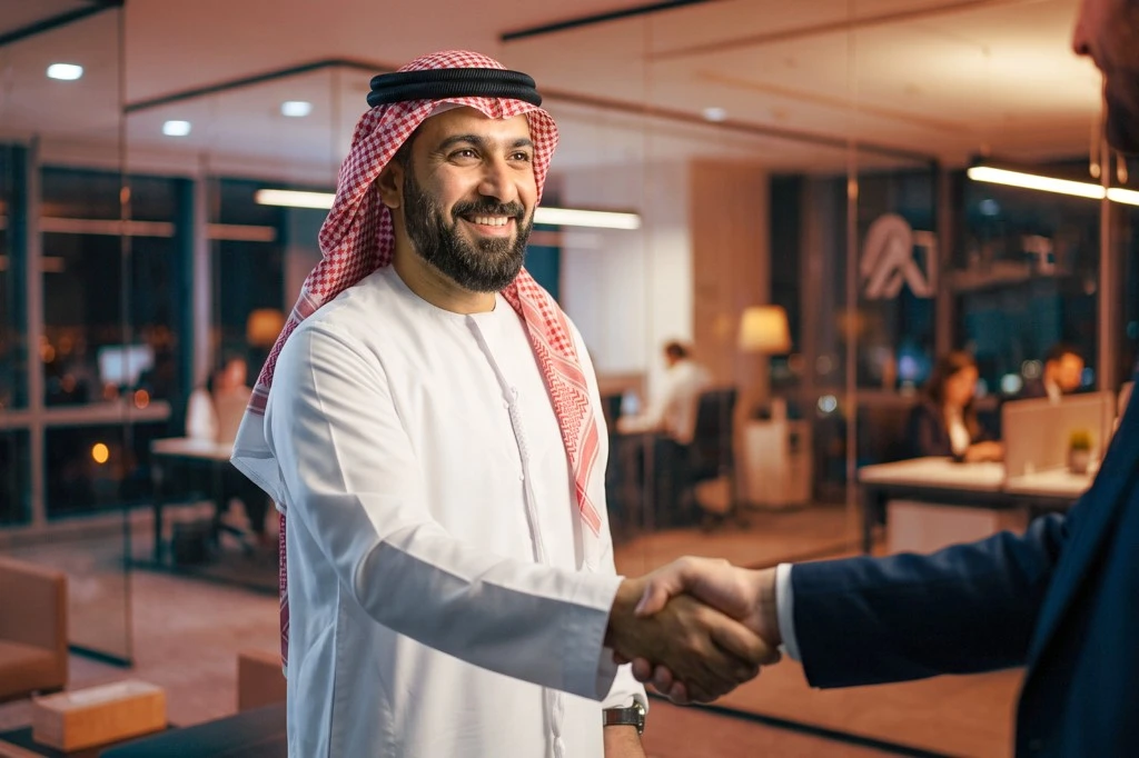 رجل أعمال سعودي يصافح شريكاً